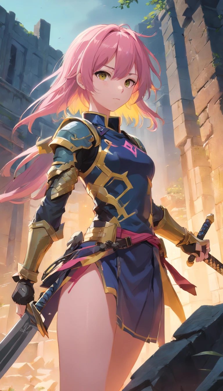 (masterpiece:1.2), high quality, high resolution, armorMaam, ponytail, armored dress, armor, armored legwear, single gauntlet, pantyhose