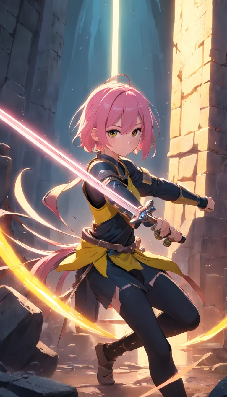 1 Girl Slim Small Long Pink Hair, Black and yellow armor wears a two-handed sword, Fight monsters in a ruin, UHD, masterpiece, anatomically correct, high quality, high details, highres, best quality, 8k