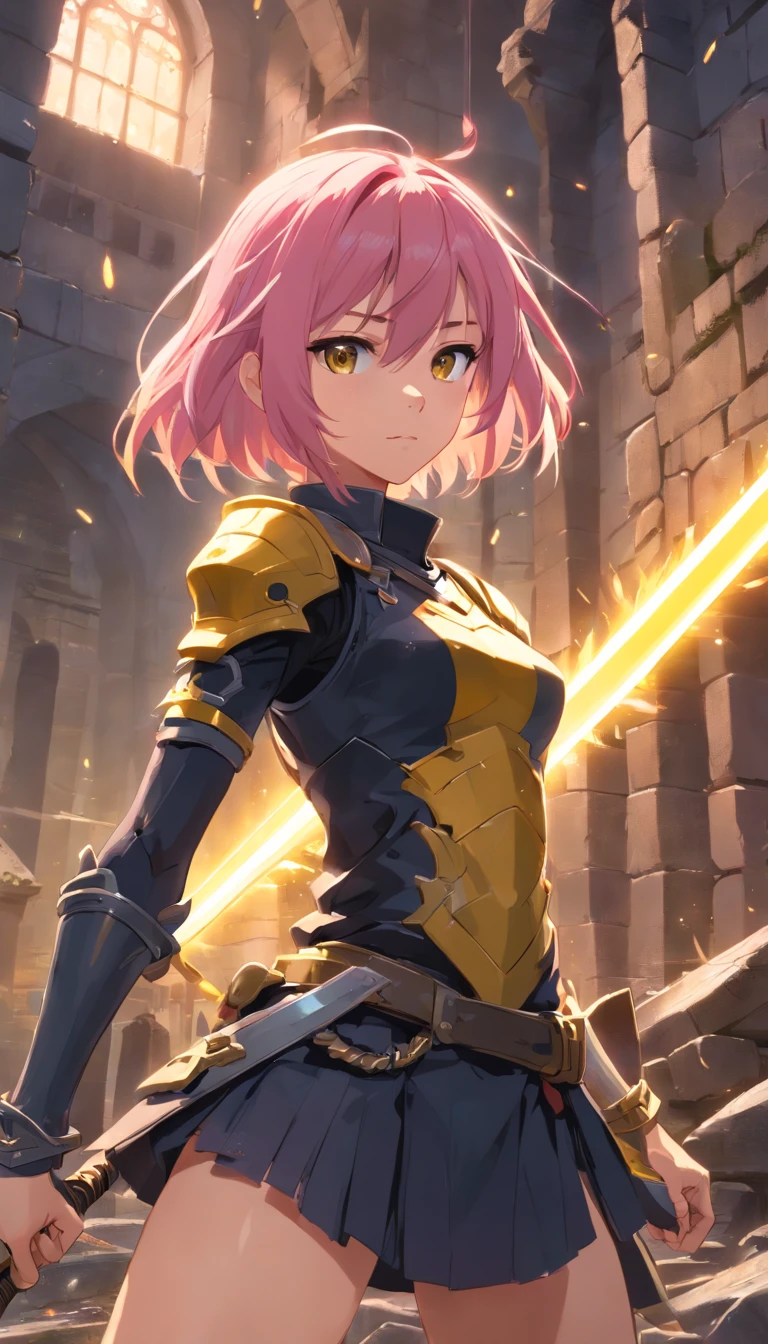 1 Girl Slim Small Long Pink Hair, Black and yellow armor wears a two-handed sword, Fight monsters in a ruin, UHD, masterpiece, anatomically correct, high quality, high details, highres, best quality, 8k