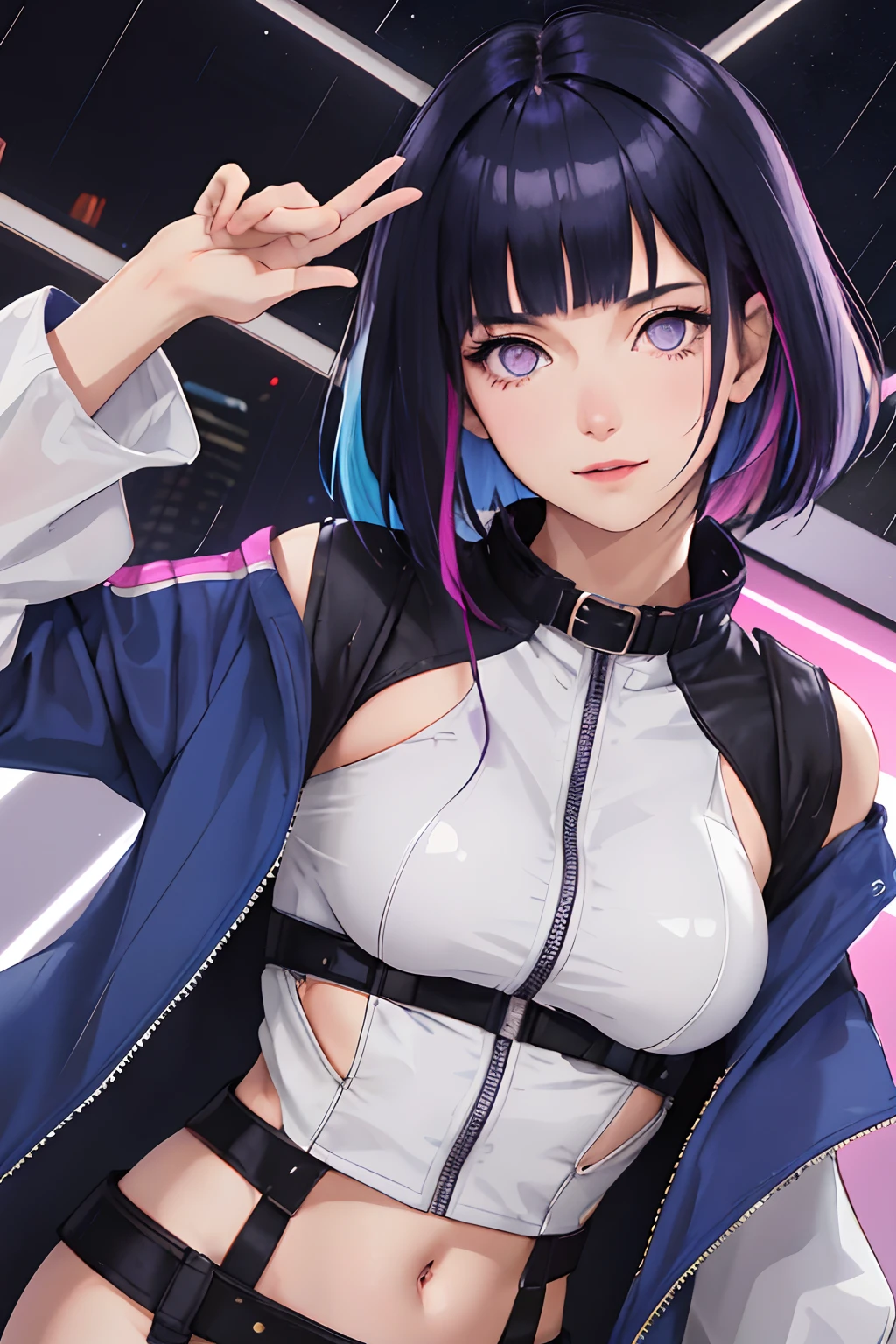 portrait, 1 girl, beautiful face, asymmetrical hair, multi-colored hair, belt, bodysuit, covered mouth, covered navel, detached sleeves, purple eyes, hip vent, open jacket, cute, look at viewer, night city, neon, rainy, Blunt Bangs,dark blue hair