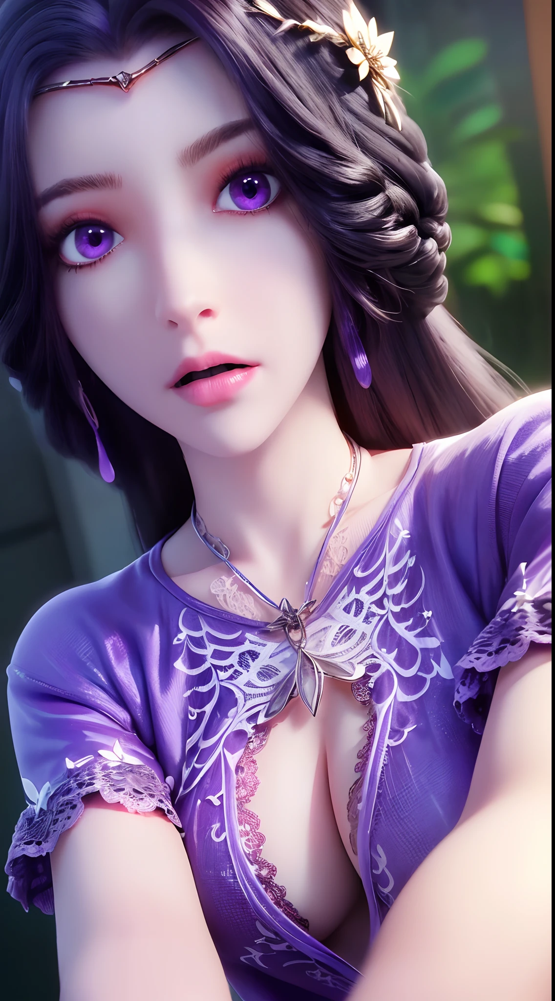 A beautiful sexy 20 year old girl, ((Wearing pajamas to cover her big, round breasts:1.8)), Extremely voluptuous girl in a small camisole, long hair and purple bangs, most beautiful and detailed hair jewelry, ((wearing a light purple lace necklace:1.6)), Super cute little face Extremely beautiful face, thin eyebrows, the most beautiful and flawless face, ((black eye pupil:0.8)), very beautiful eyes, ((purple eyes:1.4)), hairy beautiful and detailed makeup eyelashes, high nose, earrings,thin lips, plump red lips, ban on laughing, beautiful lips, slender arms, The most beautiful thighs, ((2 arms reaching out to the sides: 1.5)), healthy limbs, rosy face, clean face, beautiful face without blemishes, smooth white skin, (big breasts: 1.5)), Blums breasts, beautiful cleavage, ((big and super round breasts: 1.8)), ((super tight breasts: 1.4)), ((breast augmentation: 1.6)), beautiful breasts, 2 hands behind your back, upper body of a beautiful girl, 8k photo, super high quality, super realistic, 10x super pixels, actual photo, dark studio, border light, two-tone lighting color, (high detail skin: 1.2), 8k ultra, soft light, high quality, volumetric light, candid, Photo, high resolution, light, best photo, 4k quality, 8k, bokeh, Smooth and sharp, 10x pixelated, (galaxy: 1.7), aurora, lightning, super graphics, most realistic graphics, alone, solo, Extremely sharp, surreal image, ((frontal portrait :1.2))."