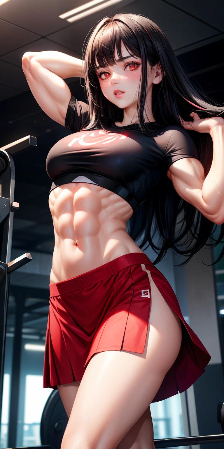 realistic, 1girl, black hair, red eyes, glowing eyes, crop top, skirt, parted lips, blush, gym, abs, muscles, biceps