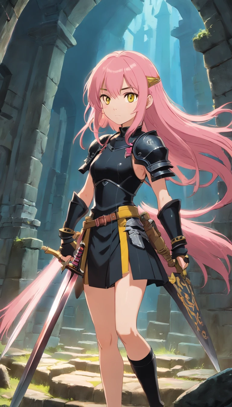 1 Girl Slim Small Long Pink Hair, Black and yellow armor wears a two-handed sword, Fight monsters in a ruin, UHD, masterpiece, anatomically correct, high quality, high details, highres, best quality, 8k