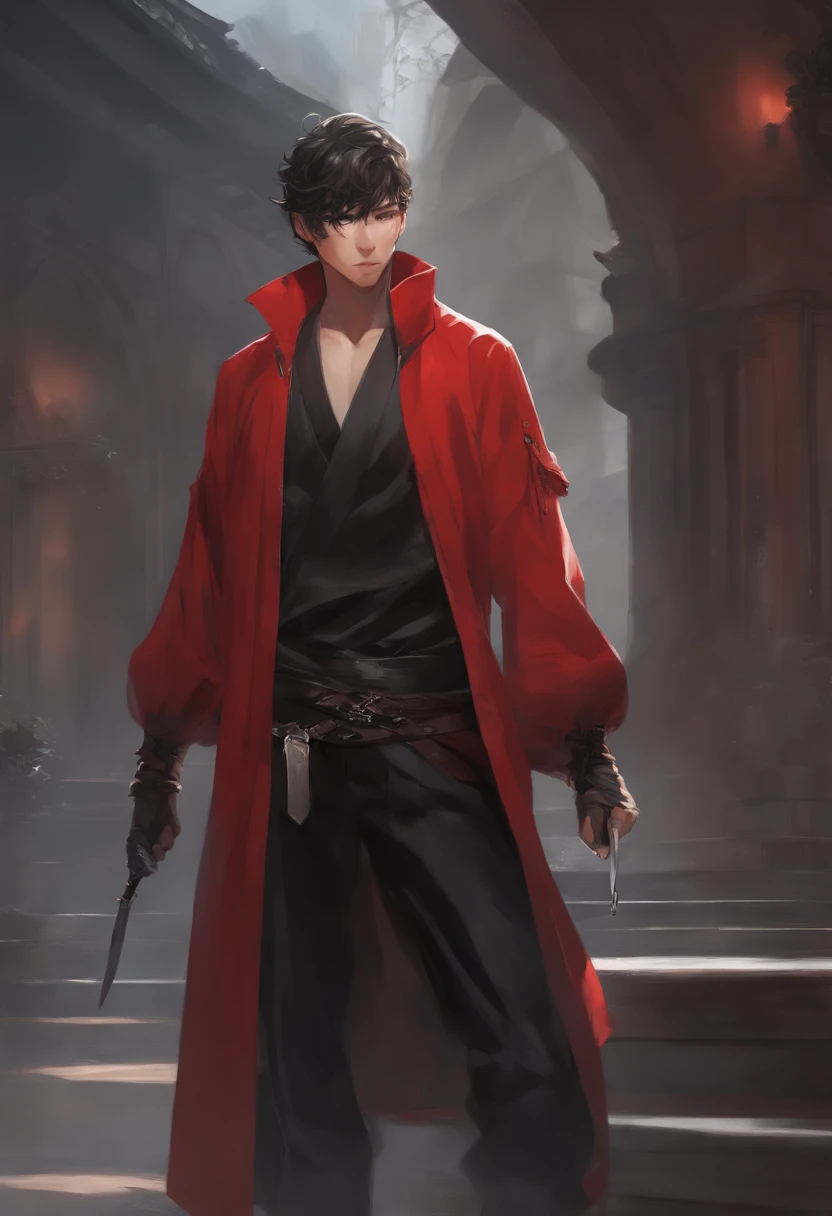 anime character with a red jacket and black pants holding a knife, concept art by Shitao, pixiv, shin hanga, anime full body illustration, anime style character, cushart kenz, detailed anime character art, badass anime 8 k, anime character art, male anime character, single character full body, high quality anime artstyle, cushart krenz