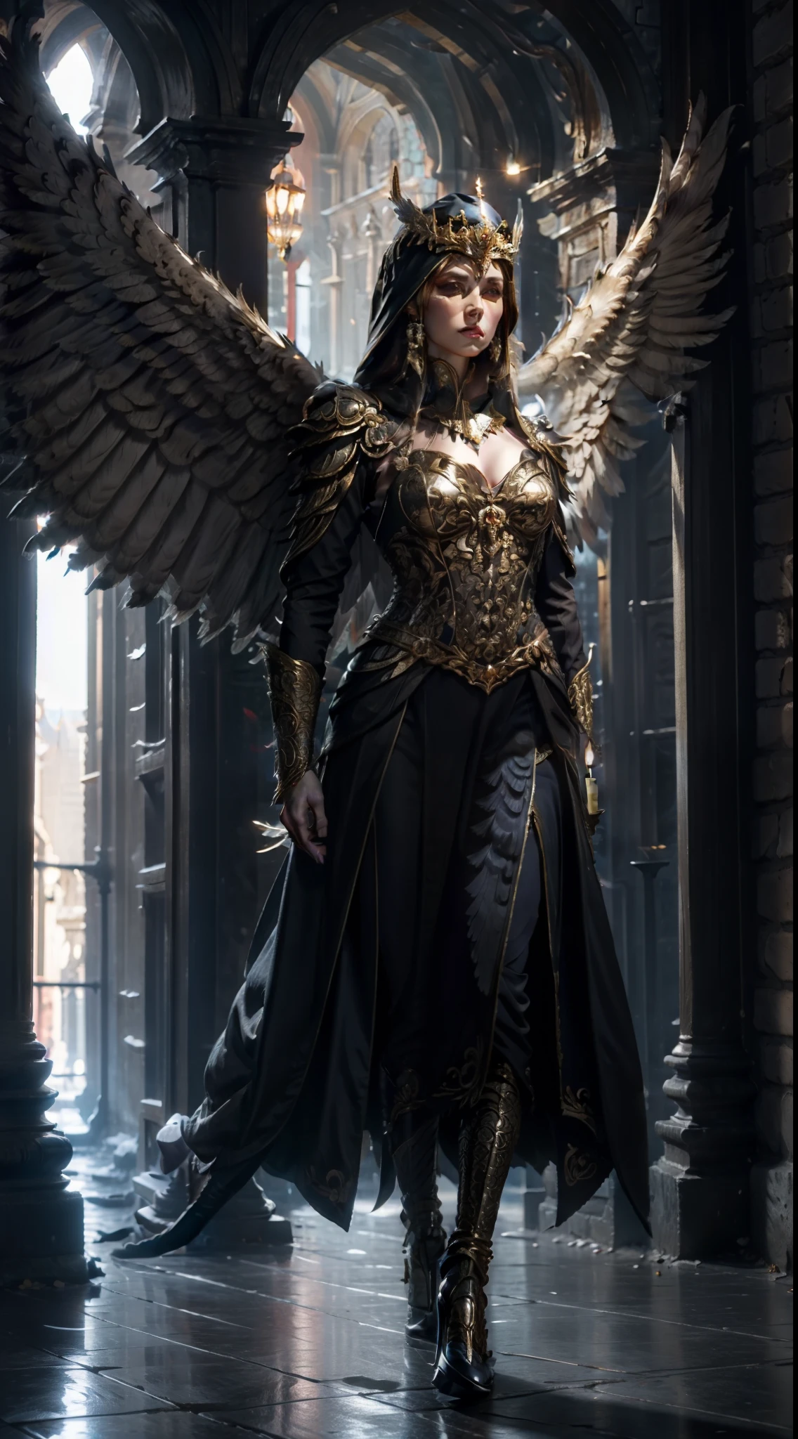 Jessica Green Gesicht, winged, Engel, ((Full-body CGInft)), Extrem detailliertes 8k-Hintergrundbild, kompliziert, detailreich, dramatisch, episch, Blondes helles Haar, the winged Albin queen wears very detailed shoulder pads made of black steel, which are modeled on the heads of dragons and are decorated with distinctive shimmering silver decorations and ornaments, a dark gray cape with velvet blue lining and a large hood, die tief in die anmutige, finsteres Gesicht, nur die Blauen Augen leuchten unter der Kapuze hervor, Es hat ein extrem detailliertes Grau/white feathered angel wings on the back, Rahmung sie schimmernd und anmutig , wahnsinnig realistischen Grafiken, wahnsinnig detaillierten Details, Ultrarealistisches und sehr detailliertes schwarzes, langes, figure-hugging royal dress, das bis zum Boden reicht, the long sleeves are decorated with shiny silver embellishments and pronounced gold embroidery and white lace on the hem and neckline of the dress, Extrem detaillierte, schwere schwarze Lederstiefel mit markanten silber schimmernden Verzierungen und Verzierungen, das Licht wird von den Verzierungen reflektiert, sie geht anmutig den Gang des Schlosses entlang, during the leisurely walk through the gloomy cathedral, Lichtkegel scheinen durch die hohen Fenster des Doms, auf ihrem Kleid, a blue rose blossom protrudes from her chest,