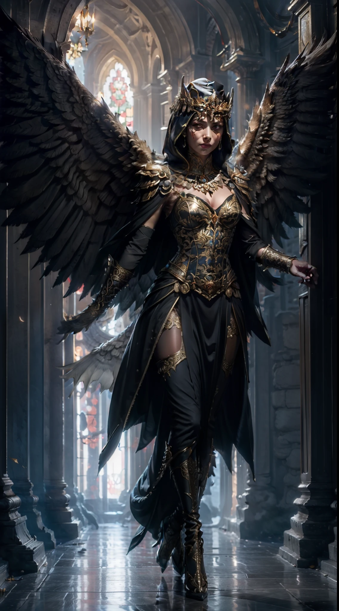 Jessica Green Gesicht, winged, Engel, ((Full-body CGInft)), Extrem detailliertes 8k-Hintergrundbild, kompliziert, detailreich, dramatisch, episch, Blondes helles Haar, the winged Albin queen wears very detailed shoulder pads made of black steel, which are modeled on the heads of dragons and are decorated with distinctive shimmering silver decorations and ornaments, a dark gray cape with velvet blue lining and a large hood, die tief in die anmutige, finsteres Gesicht, nur die Blauen Augen leuchten unter der Kapuze hervor, Es hat ein extrem detailliertes Grau/white feathered angel wings on the back, Rahmung sie schimmernd und anmutig , wahnsinnig realistischen Grafiken, wahnsinnig detaillierten Details, Ultrarealistisches und sehr detailliertes schwarzes, langes, figure-hugging royal dress, das bis zum Boden reicht, the long sleeves are decorated with shiny silver embellishments and pronounced gold embroidery and white lace on the hem and neckline of the dress, Extrem detaillierte, schwere schwarze Lederstiefel mit markanten silber schimmernden Verzierungen und Verzierungen, das Licht wird von den Verzierungen reflektiert, sie geht anmutig den Gang des Schlosses entlang, during the leisurely walk through the gloomy cathedral, Lichtkegel scheinen durch die hohen Fenster des Doms, auf ihrem Kleid, a blue rose blossom protrudes from her chest,