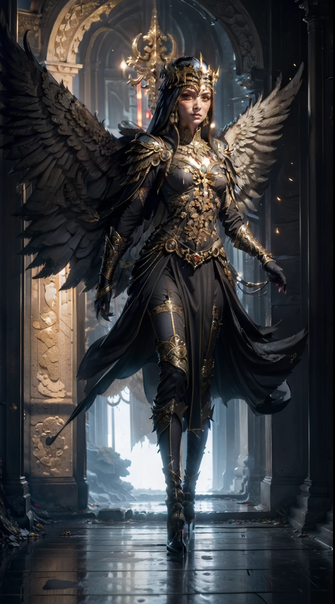 Jessica Green Gesicht, winged, Engel, ((Full-body CGInft)), Extrem detailliertes 8k-Hintergrundbild, kompliziert, detailreich, dramatisch, episch, Blondes helles Haar, the winged Albin queen wears very detailed shoulder pads made of black steel, which are modeled on the heads of dragons and are decorated with distinctive shimmering silver decorations and ornaments, a dark gray cape with velvet blue lining and a large hood, die tief in die anmutige, finsteres Gesicht, nur die Blauen Augen leuchten unter der Kapuze hervor, Es hat ein extrem detailliertes Grau/white feathered angel wings on the back, Rahmung sie schimmernd und anmutig , wahnsinnig realistischen Grafiken, wahnsinnig detaillierten Details, Ultrarealistisches und sehr detailliertes schwarzes, langes, figure-hugging royal dress, das bis zum Boden reicht, the long sleeves are decorated with shiny silver embellishments and pronounced gold embroidery and white lace on the hem and neckline of the dress, Extrem detaillierte, schwere schwarze Lederstiefel mit markanten silber schimmernden Verzierungen und Verzierungen, das Licht wird von den Verzierungen reflektiert, sie geht anmutig den Gang des Schlosses entlang, during the leisurely walk through the gloomy cathedral, Lichtkegel scheinen durch die hohen Fenster des Doms, auf ihrem Kleid, a blue rose blossom protrudes from her chest,