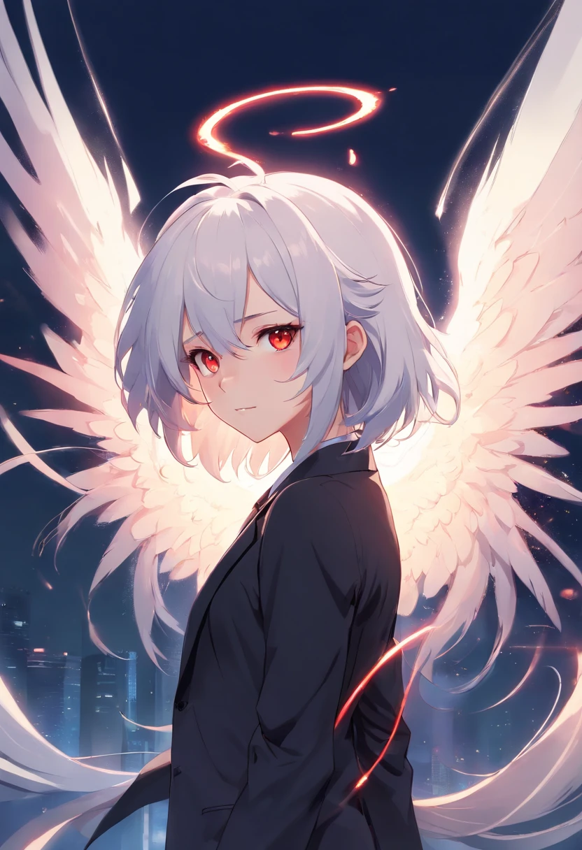 , 1demon,With small wings on its back, white wings, long ears, messy hair, albino red eyes, black suit, black hair, multicolored hair, white hair