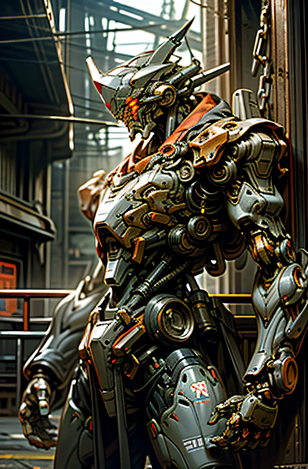 Dark_Fantasy,Cyberpunk,(chain saw,chain saw man,Red:1.1),1man,Mechanical marvel,Robotic presence,Cybernetic guardian, wearing a worn-out mech suit, intricate, (steel metal [rusty]), elegant, clear focus, shot by greg rutkowski, soft lighting, vibrant colors, masterpiece, ((street)), cowboy shot, dynamic pose,