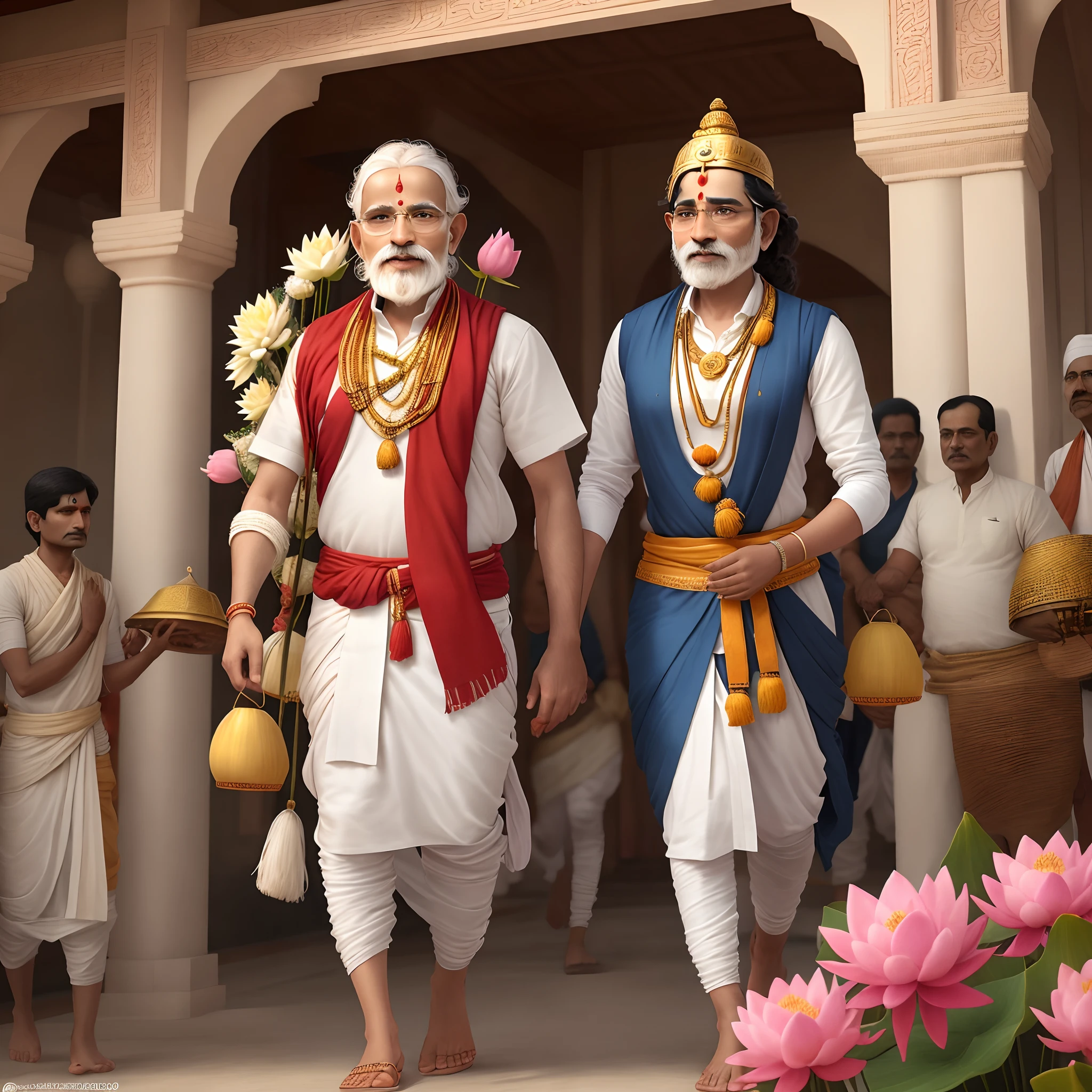 [16/09, 12:49] Raju Ji: At that time, a pleasant, dust-free wind started blowing. Seeing the lotus-eyed Shri Ram going with Vishwamitra, the gods showered heavy flowers from the sky there. Devdundubhis started ringing, the sound of conch shells and drums started at the time of Mahatma Shri Ram's visit. Vishwamitra in front, Mahayashasvi behind him
[16/09, 12:50] Raju Ji: Shri Ram and Sumitra Kumar Lakshman were going behind him. Both of those brothers had quivers tied on their backs. The bows in their hands were looking beautiful and both of them were following Mahatma Vishwamitra, beautifying the ten directions. On one side there is a bow on the shoulder, on the other side there is a bow on the back and in the middle there is a head. Hinduism, Realistic 3d image, hindu god, hindu guru