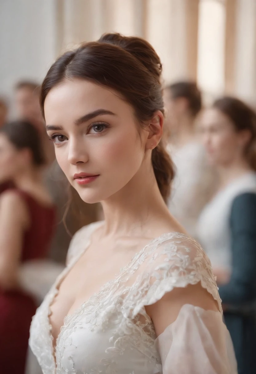 Cinematic portrait, (medium close up), facing the audience, (Reality :1.3), a woman looking into the camera, professional students, modern costumes, detailed beautiful faces, action shots, academy background, background blur, joyful atmosphere, photo realistic, CG, art station