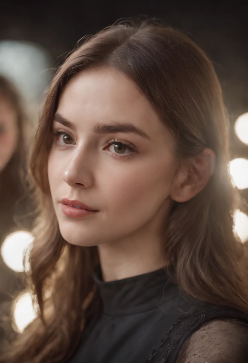 Cinematic portrait, (medium close up), facing the audience, (Reality :1.3), a woman looking into the camera, professional students, modern costumes, detailed beautiful faces, action shots, academy background, background blur, joyful atmosphere, photo realistic, CG, art station