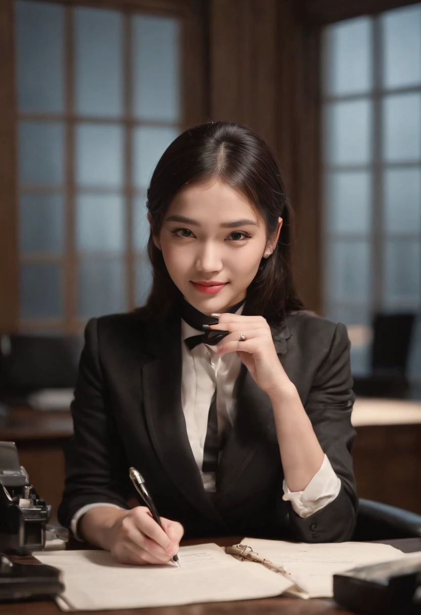 Wearing black leather gloves in both hands, upper body, black business suit, facing the desk in the modern study in the dark, looking down, smiling, writing a letter using a fountain pen, long, straight black hair, young and cute face Japanese female new employee (black leather gloves cover both hands)