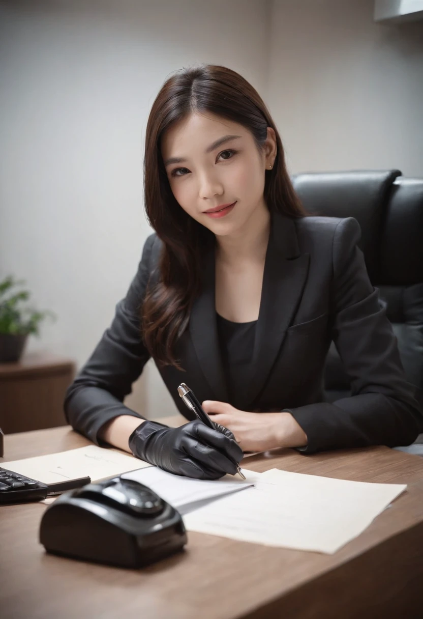 Wearing black leather gloves in both hands, upper body, black business suit, facing the desk in the modern study in the dark, looking down, smiling, writing a letter using a fountain pen, long, straight black hair, young and cute face Japanese female new employee (black leather gloves cover both hands)