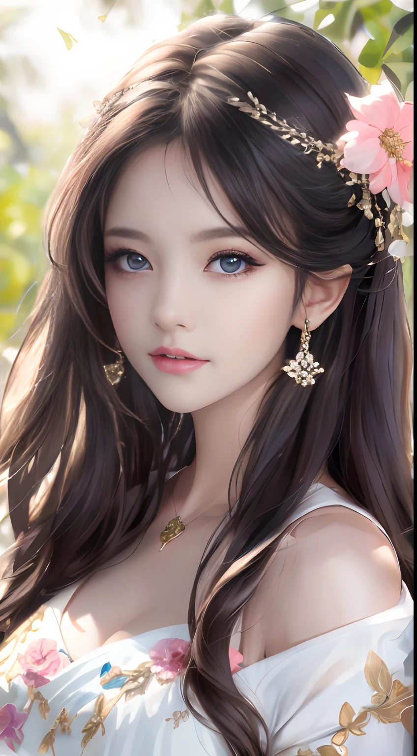 best qualtiy,tmasterpiece,A high resolution,1girll,Dingdall effect,realisticlying,edge lit,twotonelighting,(highdetailskin:1.2),8K UHD,Pure,Sweet,Flower background,Colorful background,Based on physical rendering,Perfect light and shadow,extreme hight detail,Pink tones,Eye reflections,Raised sexy,perfect bodies,Superb beauty,largeeyes,long eyelasher,Delicate eyes,large shiny eyes,Minor pupillary reflexes,Shoulder and neck details,The pupil texture is delicate,Perfect eyes,Black pupils,best qualtiy,tmasterpiece,16k,A picture,head portrait,Bigchest,longer sleeves,Take care of your chest,Large breasts,Delicate avatar