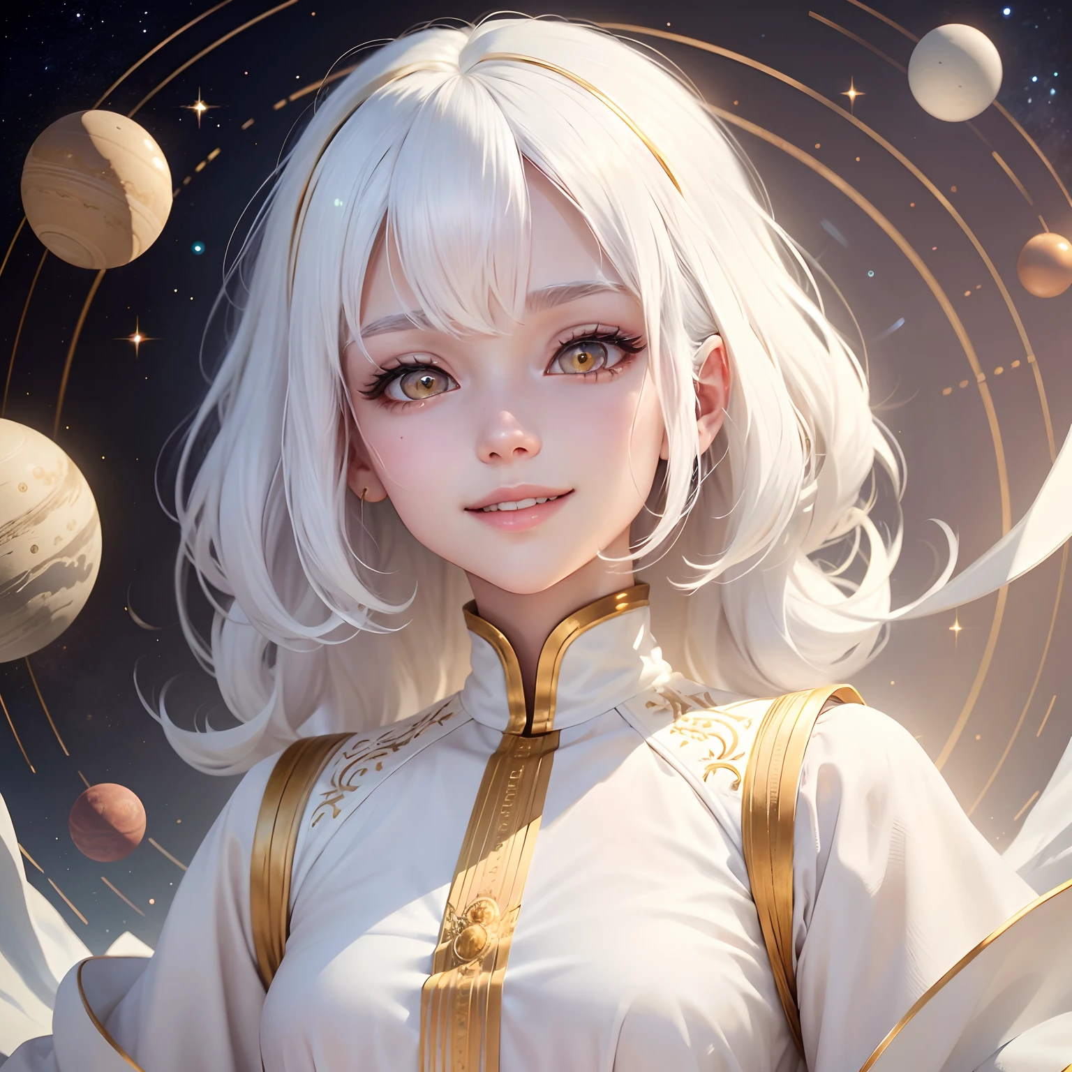 best quality, white hair, gold eyes, white clothes, looking up, upper body, hair strand, Fair skin, smiling, solar system