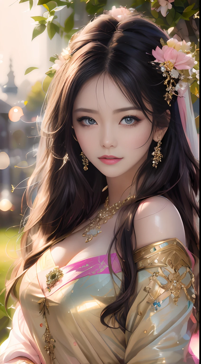 best qualtiy,tmasterpiece,A high resolution,1girll,Dingdall effect,realisticlying,edge lit,twotonelighting,(highdetailskin:1.2),8K UHD,Pure,Sweet,Flower background,Colorful background,Based on physical rendering,Perfect light and shadow,extreme hight detail,Pink tones,Eye reflections,Raised sexy,perfect bodies,Superb beauty,largeeyes,long eyelasher,Delicate eyes,large shiny eyes,Minor pupillary reflexes,Shoulder and neck details,The pupil texture is delicate,Perfect eyes,Black pupils,best qualtiy,tmasterpiece,16k,A picture,head portrait,Bigchest,longer sleeves,Take care of your chest,Large breasts,Delicate avatar