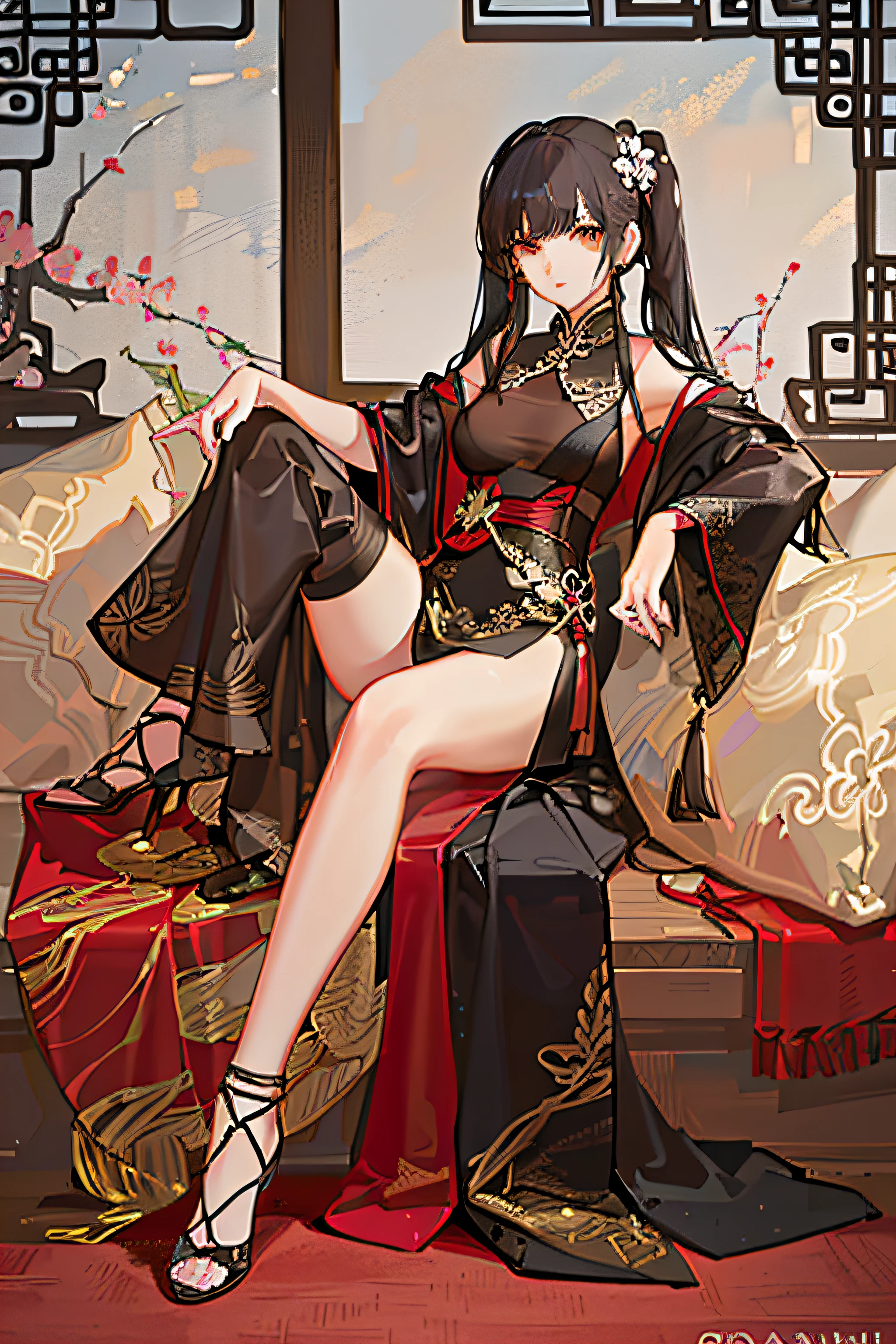 Sexy seductive lady, peach blossom eyes, smoky makeup, silk high-forked hanfu, stiletto heels, (bare legs), provocative expression, sitting on a throne, striped hair, black hair, moles under the eyes, makeup, anime style, seductive smile, kinky smile, Chinese court, Chinese feeling, lantern, Chinese knot, UHQ, masterpiece, 8k, best quality, ccurate, anatomically correct, highly detailed characters, stiletto heels, bare legs, rounded smooth bare legs, (8k, original photo, best quality, masterpiece,, :1.2), European Feel, Medieval, ((Character) Concept Art), Full Body Concept, Fine Details, Screen Center,