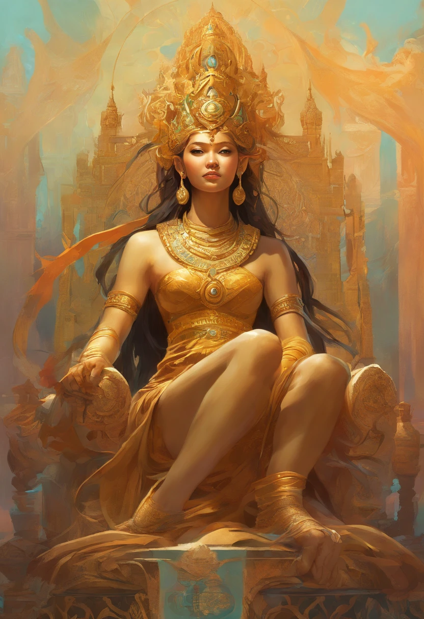 Create a stunning ultra-realistic portrait of a "(((Ancient Myanmar God)))" fantasy character in the art nouveau style. Pay meticulous attention to intricate details and draw inspiration from the fifth element artifacts. Incorporate references from artists such as Peter Mohrbacher, {{| Kyansittha |}}, Wayne Barlowe, Boris Vallejo, Aaron Horkey, Gaston Bussiere, Craig Mullins, and Alphonse Mucha to bring depth and character to the artwork. Enhance the composition with arty nouveau curves and spirals for an added touch of elegance and complexity.