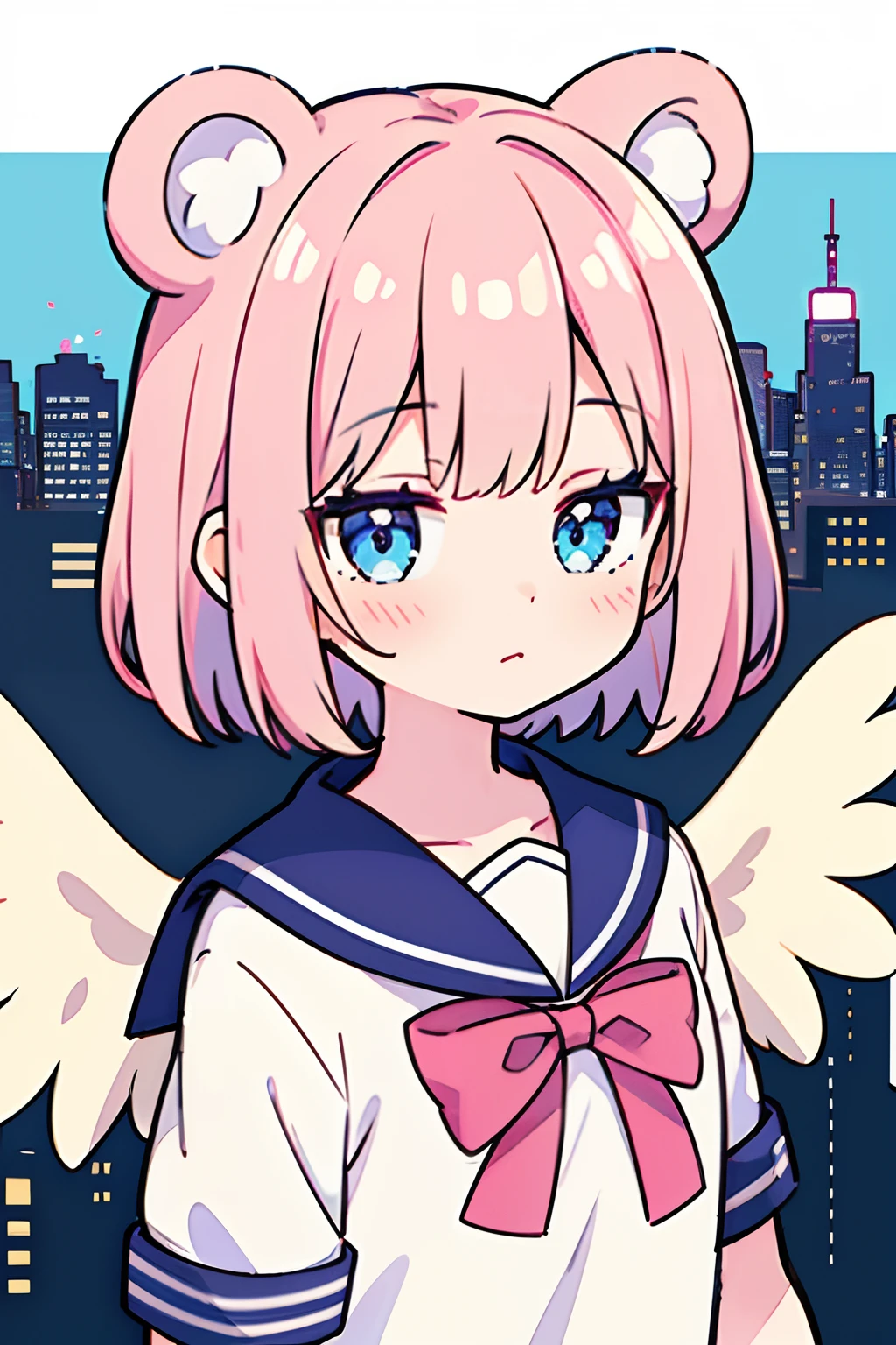 skistyle, 1girl in, Solo, Pink hair, Animal ears, Blue eyes, Wings, Looking at Viewer, Bangs, Short hair, Bow, Sailor collar, white sailor collar, Hair Bow, pink bows, Closed mouth, Shirt, White shirt, Bear ears, bob cuts, mini wings, Portrait, detached wings, makeup, Upper body, city in background