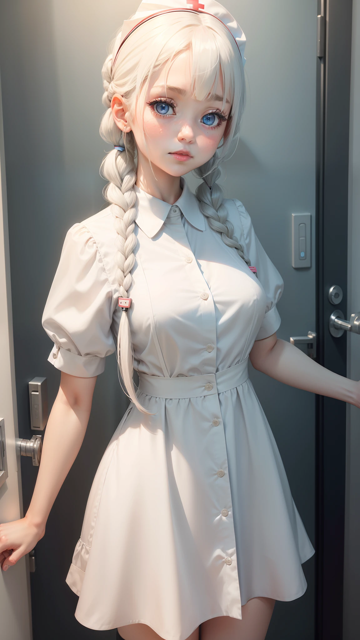 1girl, bangs, blue_eyes, blush, braid, collared_dress, dress, hair_over_one_eye, hairband, long_hair, nurse, short_sleeves, solo, twin_braids, twintails, virtual_youtuber, white_dress, white_hair