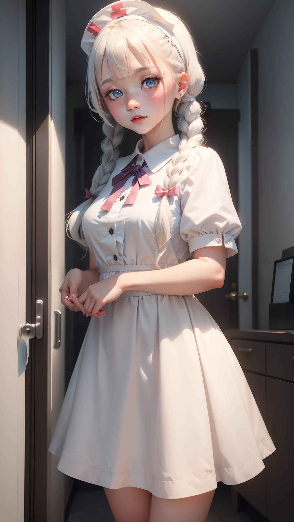 1girl, bangs, blue_eyes, blush, braid, collared_dress, dress, hair_over_one_eye, hairband, long_hair, nurse, short_sleeves, solo, twin_braids, twintails, virtual_youtuber, white_dress, white_hair