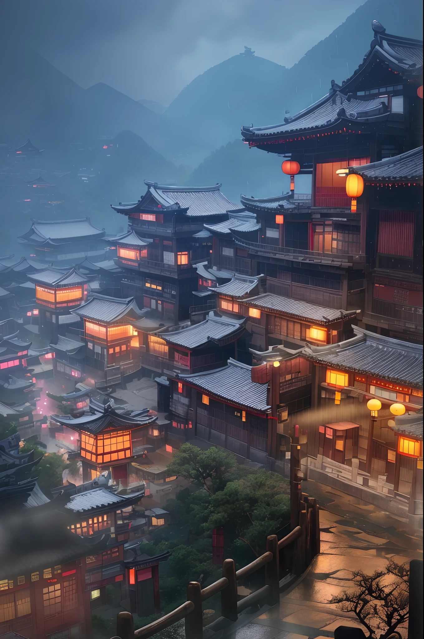 arafed view of a village with a lot of lights on the buildings, dreamy chinese town, chinese village, amazing wallpaper, japanese town, japanese village, hyper realistic photo of a town, old asian village, japanese city, by Raymond Han, rainy evening, cyberpunk chinese ancient castle, beautifully lit buildings, at evening during rain, beautiful and aesthetic, photography, cinematic, 8k, high detailed ((Heavy rain)))