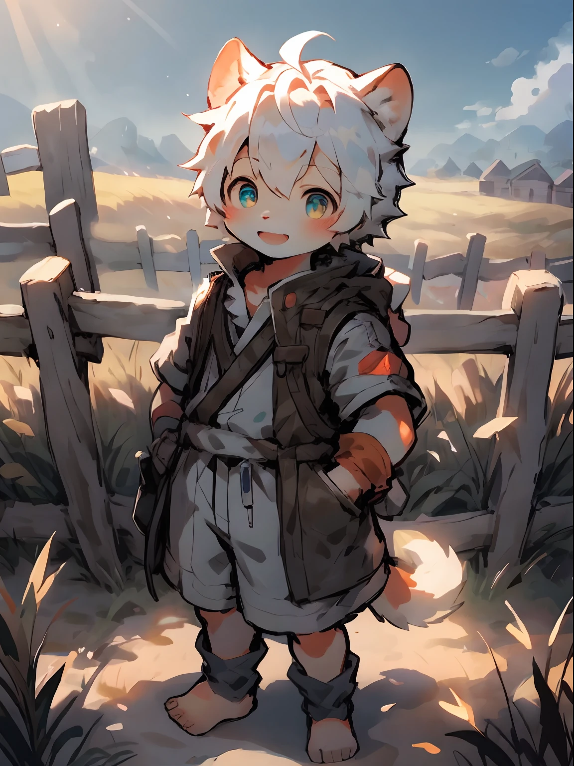 Shota，White color hair ，male people，（ddlers，ba adolable， standing on your feet， Master masterpieces， A high resolution，8K，detailedbackground，high high quality，Libido boy，（（（独奏））），(zaun，A littleeaned against the fence，Behind the fence are wheat fields)，looking at viewert，angle of view，From above，Dreamlike，magical，baiyun，（Warm light source：1.2），upper sky，White bird，rays of sunshine ，by Pino Daeni, canyne khai, milkytiger1145, Dagasi, Yupa，