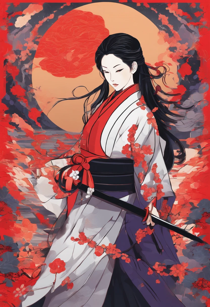 Una mujer utilizando un kimono rojo y negro,tiene cabello violeta oscuro,su rostro es serio,ojos negros,He is holding the handle of a katana that radiates water-like energy.