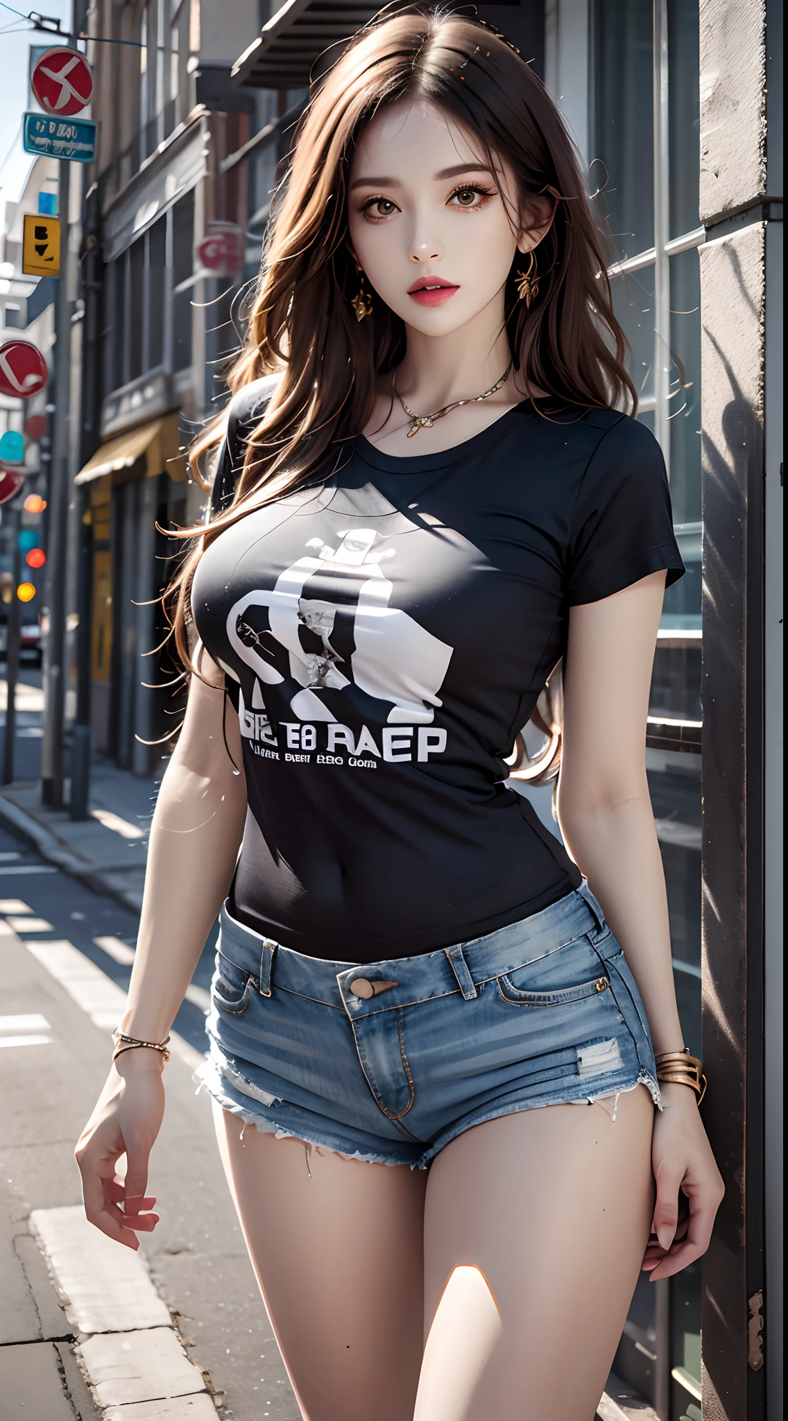 photorealistic, high resolution, 1women, mature female, solo, hips up, jewelry, street wear, t-shirt, shorts