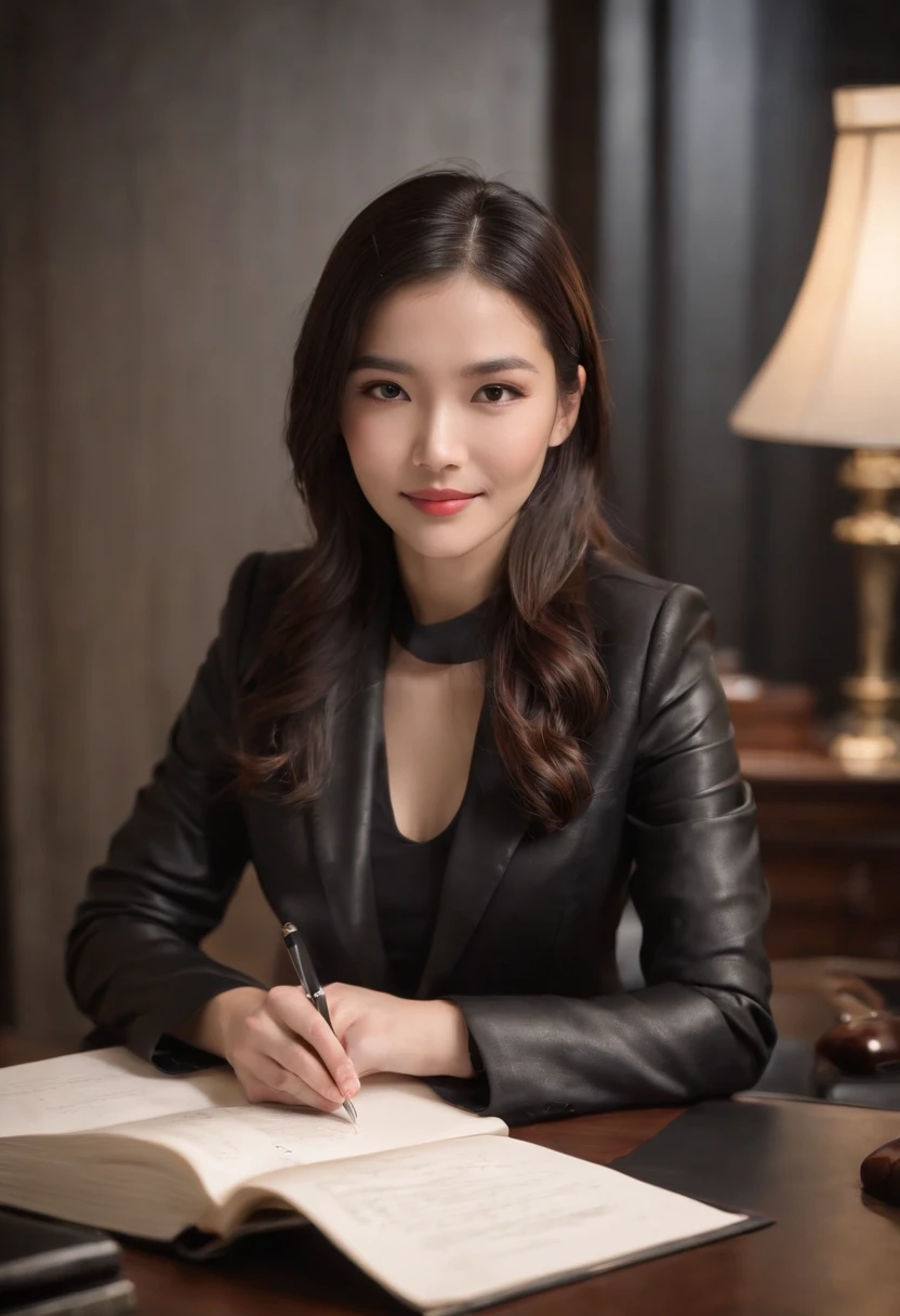Wearing black leather gloves in both hands, upper body, black business suit, facing the desk in the modern study in the dark, looking down, smiling, writing a letter using a fountain pen, long, straight black hair, young and cute face Japanese female new employee (black leather gloves cover both hands)