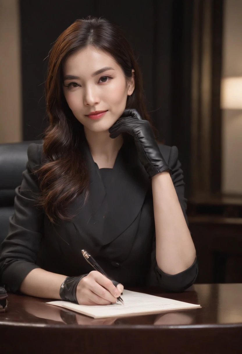 Wearing black leather gloves in both hands, upper body, black business suit, facing the desk in the modern study in the dark, looking down, smiling, writing a letter using a fountain pen, long, straight black hair, young and cute face Japanese female new employee (black leather gloves cover both hands)