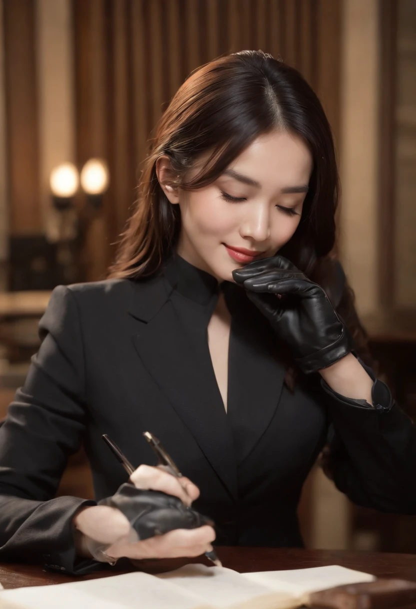 Wearing black leather gloves in both hands, upper body, black business suit, facing the desk in the modern study in the dark, looking down, smiling, writing a letter using a fountain pen, long, straight black hair, young and cute face Japanese female new employee (black leather gloves cover both hands)