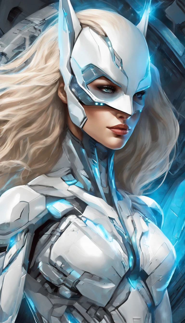 Realistic white and light blue female Batman in titanium cybernetic suit, detailliert, perfect design, Perfect and symmetrical edges of high quality ::n_Style drawing, Low quality defects, human - shaped, games, Anime
