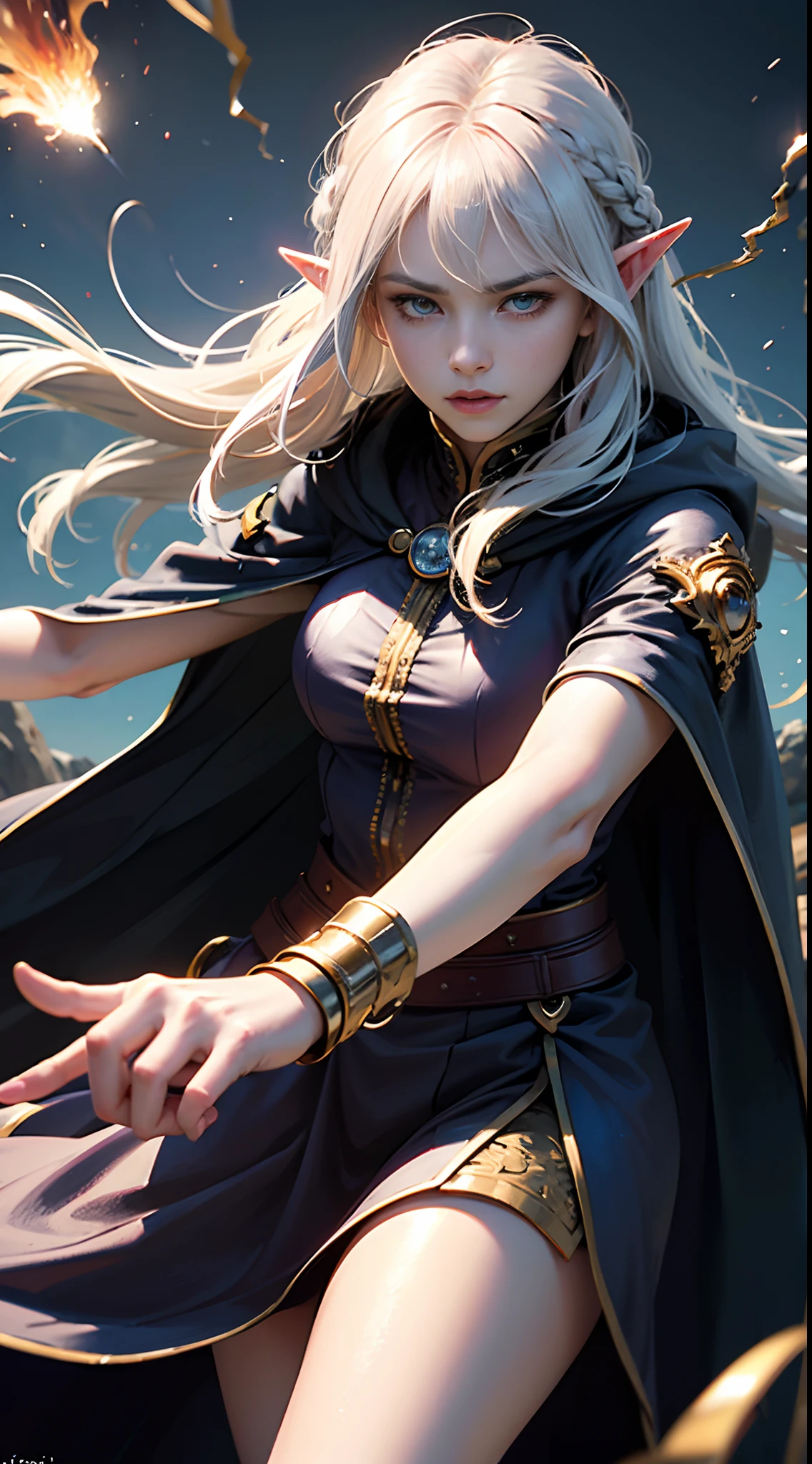 (skindentation:1.5), Realistic, Photorealistic, (masterpiece:1.5), concept art, intricate details, highly detailed, photorealistic, octane render, 8k, unreal engine, dynamic pose, best quality, highres, (realistic face:1.1), (hyperrealistic:1.1), ((close-up face:1.3)), perfect eyes,(shiny skin:1.2), (((hairstyle))), (((perfect hands))), (extremely detailed background), ((dynamic background)), ((lightning)), (light rays), ((1girl,elf)),wearing cloak, (((flowing cloak))), ((detailed eyes, high quality eyes, high quality face)), (extremely intricate robes, magical robes), wavy hair, braided hair,casting lightning, electricity, swirling fire, radiating power, sparks, magic arts,smoke, magic, ((dramatic)), epic, ((in the battlefield:1.3)), depth of field, bokeh, 4k, gothic, ember, particles,serious expression,strong gaze,white hair,There is some dust on the face,frown,angry,Using Magic,fighting stance