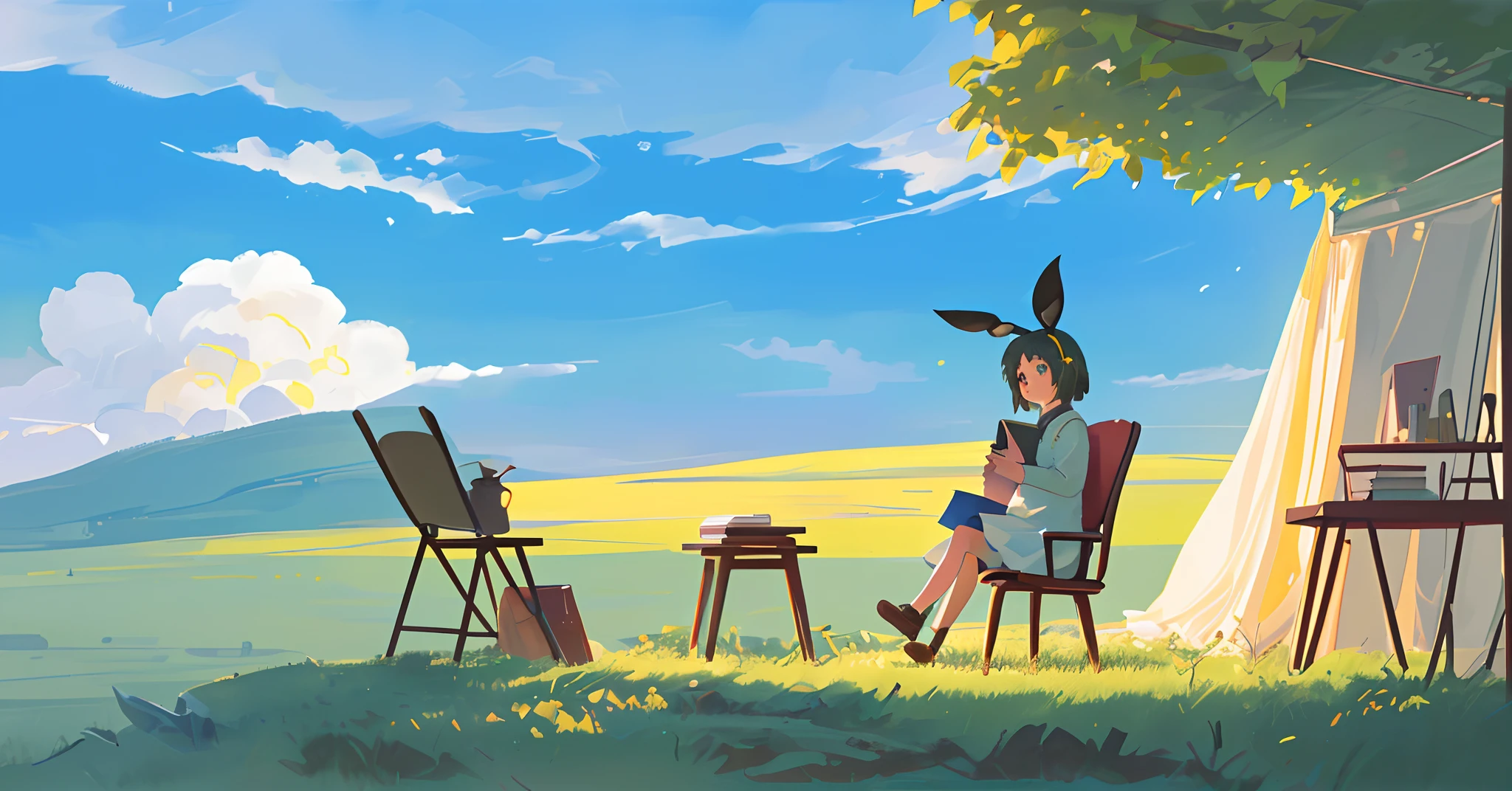 The picture is complete，Perspective is normal，A beautiful little girl sitting on a chair，（Big Eyes 1.2），looking at book，Complete chair，on a grassy field，The tree，tenten，edgBunny，Colored clouds，desks，sun light