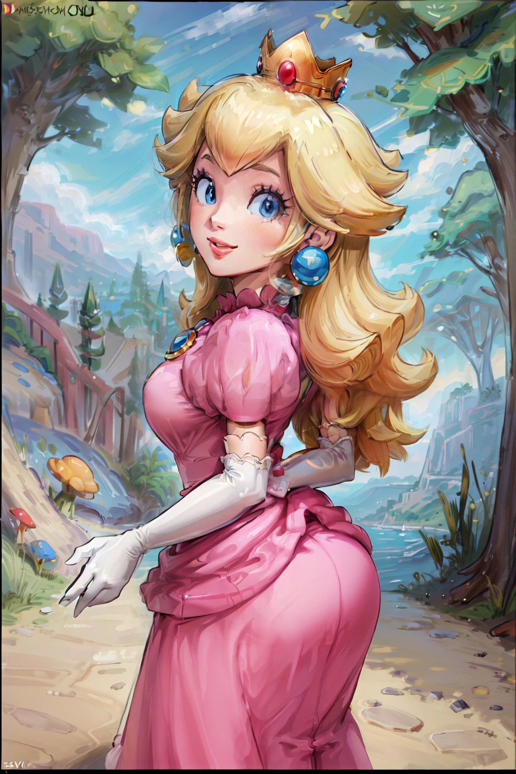 ((high detailed, best quality, 4k, masterpiece, hd:1.3)), pch, pink dress, brooch, puffy sleeves, short sleeves, smile, lipstick, smooth skin, elbow gloves, earrings, crown, in mushroom forest, ass, upper body, close-up,