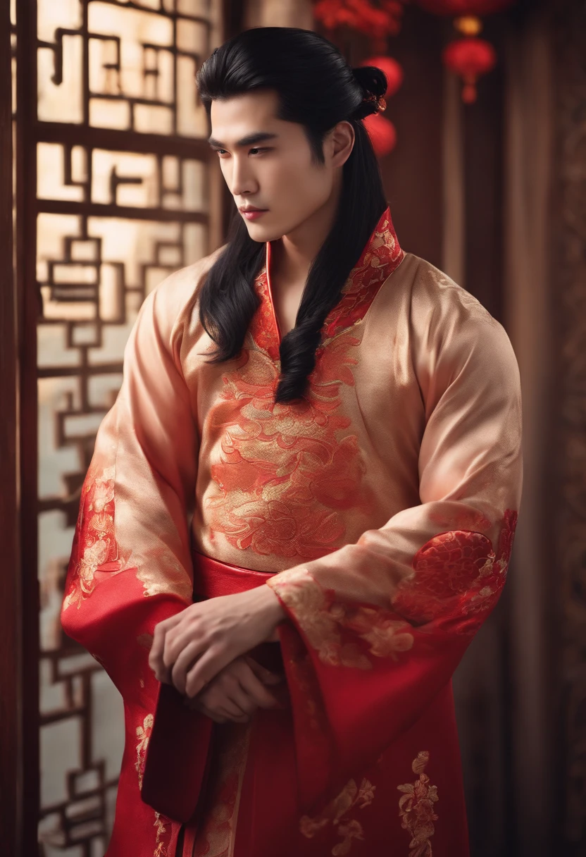 1male, long black hair, Chinese New Year outfit, looking at viewer, handsome.
