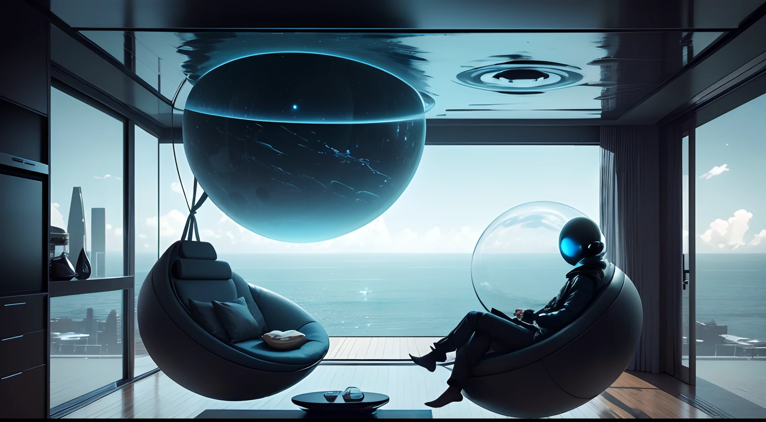 Gravity-resistant floating living room
This living room has an anti-gravity environment。An alien with a spherical head and body floats in mid-air,The surrounding furniture is also floating。watch from the side,Both this alien and the furniture are slowly spinning and floating,The entire space achieves a true zero-gravity effect,Very dreamy and beautiful。