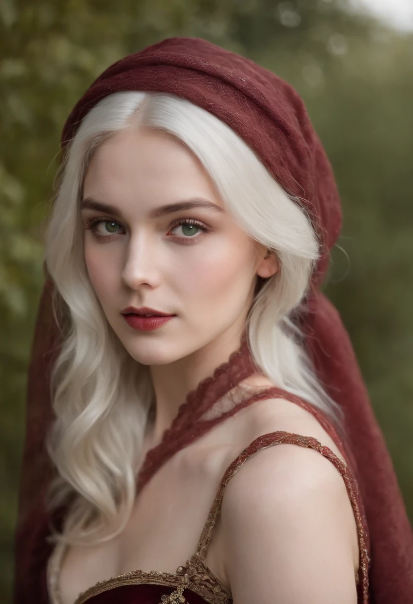 (((a deep reddish wound crosses her left cheek))) fair complexion, woman around 19 years old, natural white hair, distinctive green eyes, wearing kohl, slender and graceful, beautiful, candlelight in a medieval setting, ultra sharp focus, realistic shot, medieval female clothes, tetradic colors (scar:1.4)