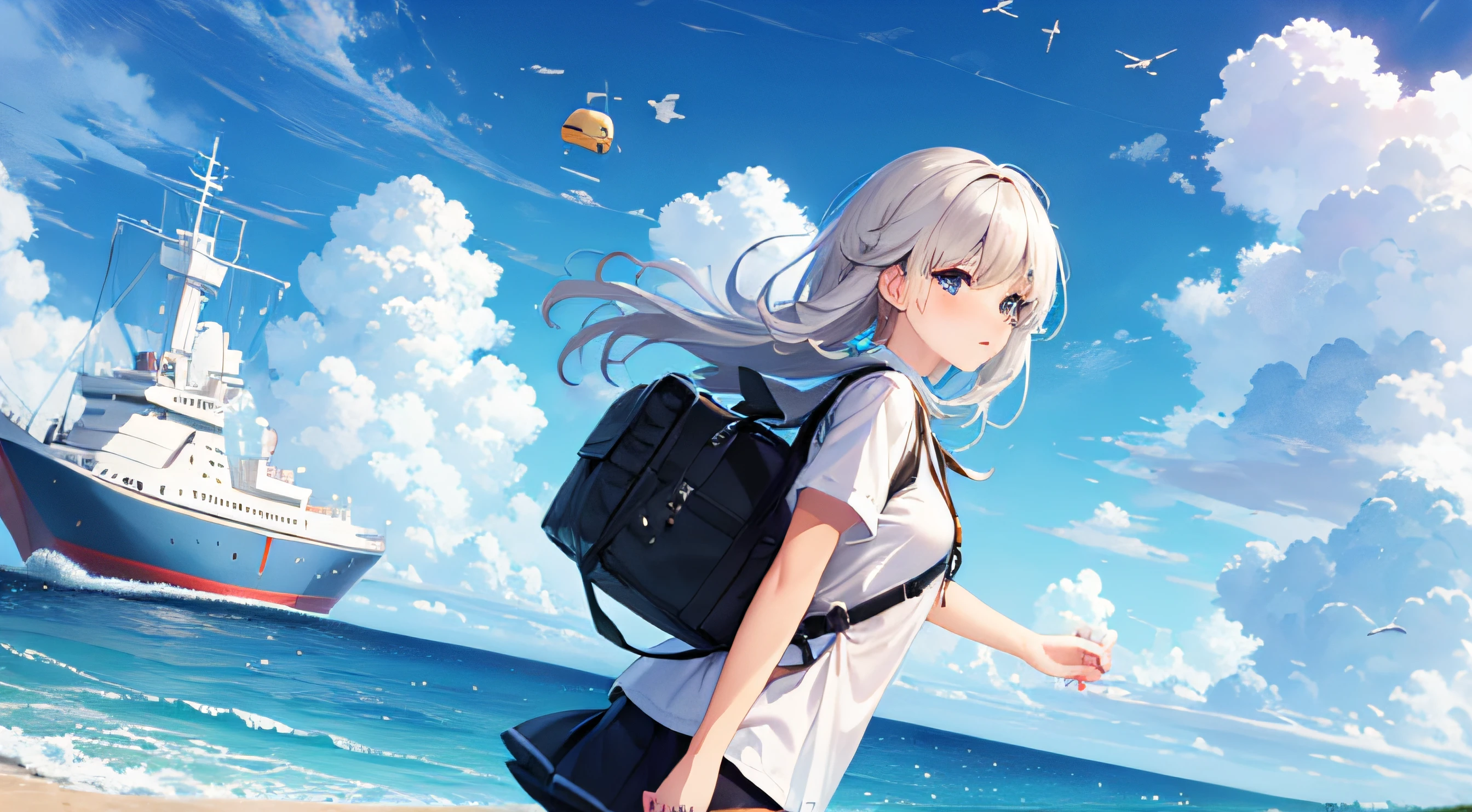 parseus, sky, girl, sea, cloud, building, forest, aircraft, ship, parachute