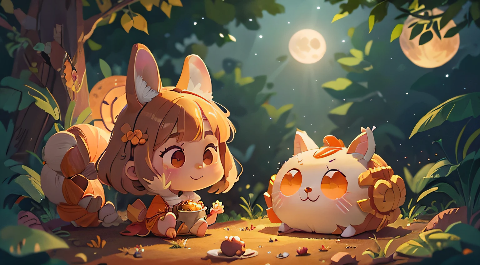 (mid-autumn festival:1.5)(themoon),edgBunny,(Moon cake),1 girl, Glowing skin, long whitr hair,Braiding, Solo, 18 years old, Glowing eyes, Sparkling eyes, Beautiful eyes,Eat mooncakes,Moon cake,Light smile,Delicate facial features,Clean face,Dynamic Angle, (Outdoors under the stars), Rabbit next to it,rays of moonlight,Orange-yellow tones,Faraway view(flatillustration)
