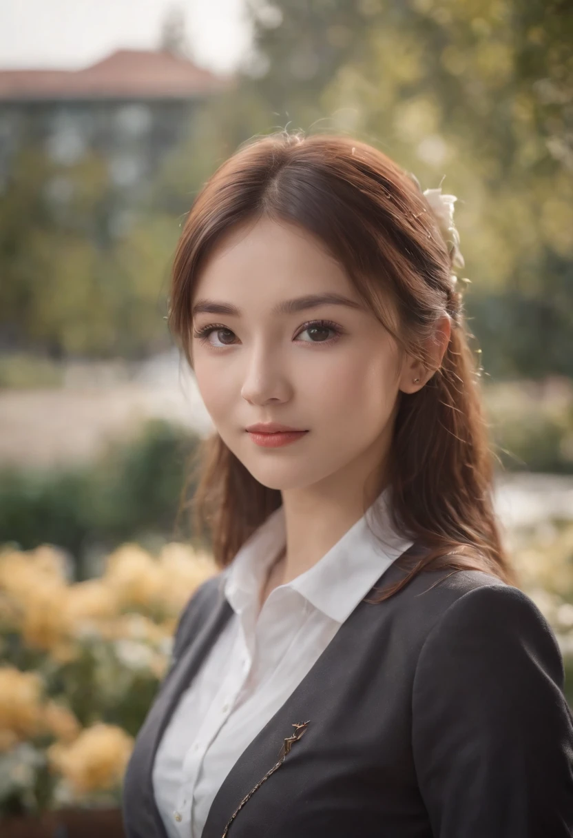 Cinematic portrait, (medium close up), facing the audience, School uniform, wearing school uniform,(Reality :1.3), a woman looking into the camera, professional students, modern costumes, detailed beautiful faces, action shots, academy background, background blur, joyful atmosphere, photo realistic, CG, art station