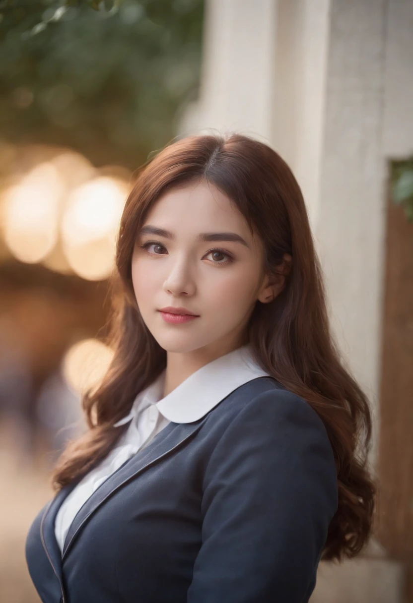 Cinematic portrait, (medium close up), facing the audience, School uniform, wearing school uniform,(Reality :1.3), a woman looking into the camera, professional students, modern costumes, detailed beautiful faces, action shots, academy background, background blur, joyful atmosphere, photo realistic, CG, art station