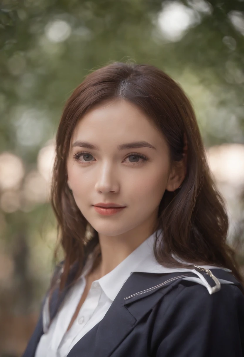 Cinematic portrait, (medium close up), facing the audience, School uniform, wearing school uniform,(Reality :1.3), a woman looking into the camera, professional students, modern costumes, detailed beautiful faces, action shots, academy background, background blur, joyful atmosphere, photo realistic, CG, art station
