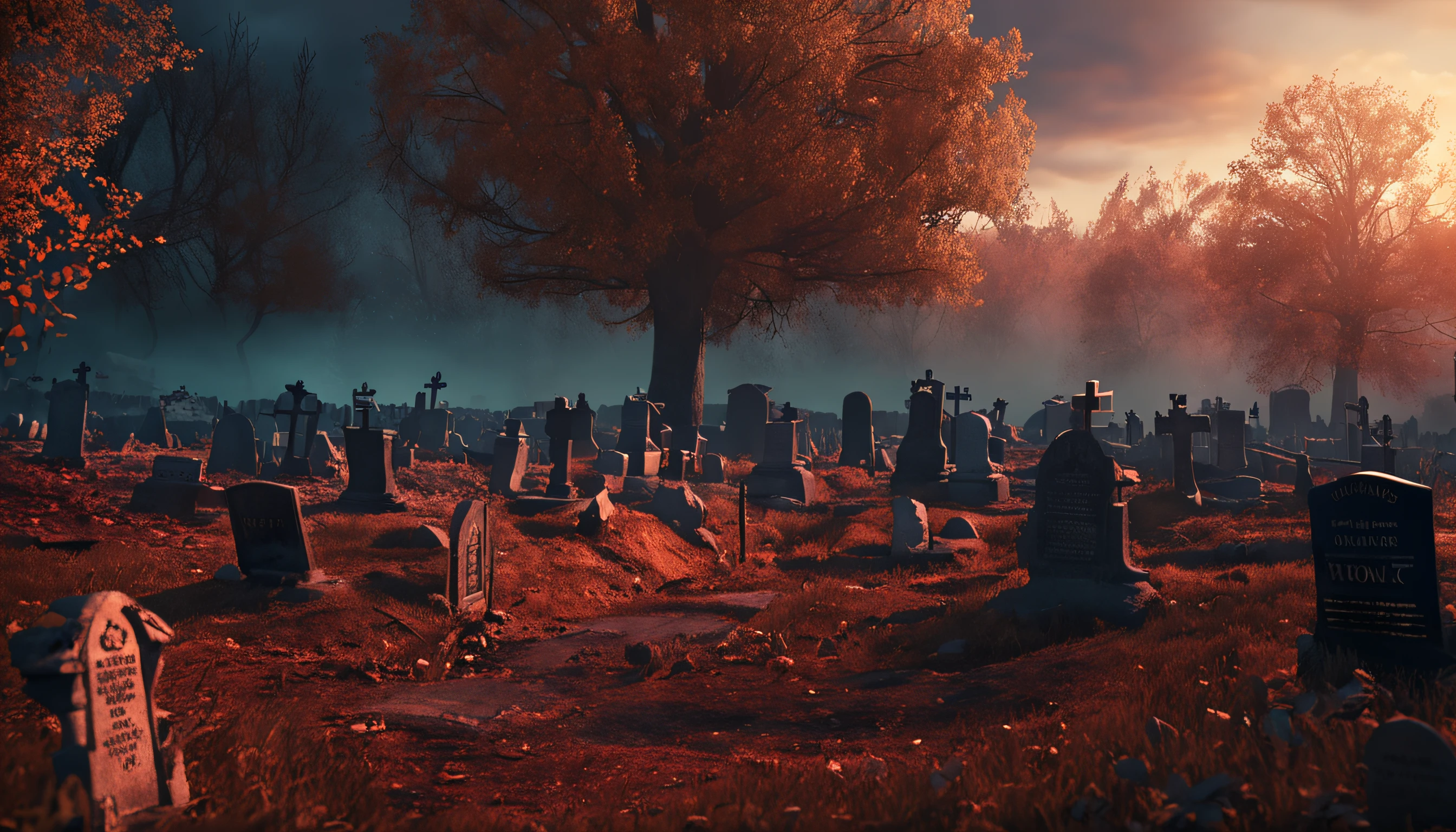 there is a cemetery with a lot of tombstones in the background, photos burning down alexey egorov, by Eglon van der Neer, bussiere rutkowski andreas rocha, eerie nostalgic concept art, background artwork, by Otakar Kubín, martin raphael lacoste, graveyard landscape, graveyard background, graveyard, cemetery, stefan koidl inspired , realistic, hyper realistic, super realistic with pictures burned down