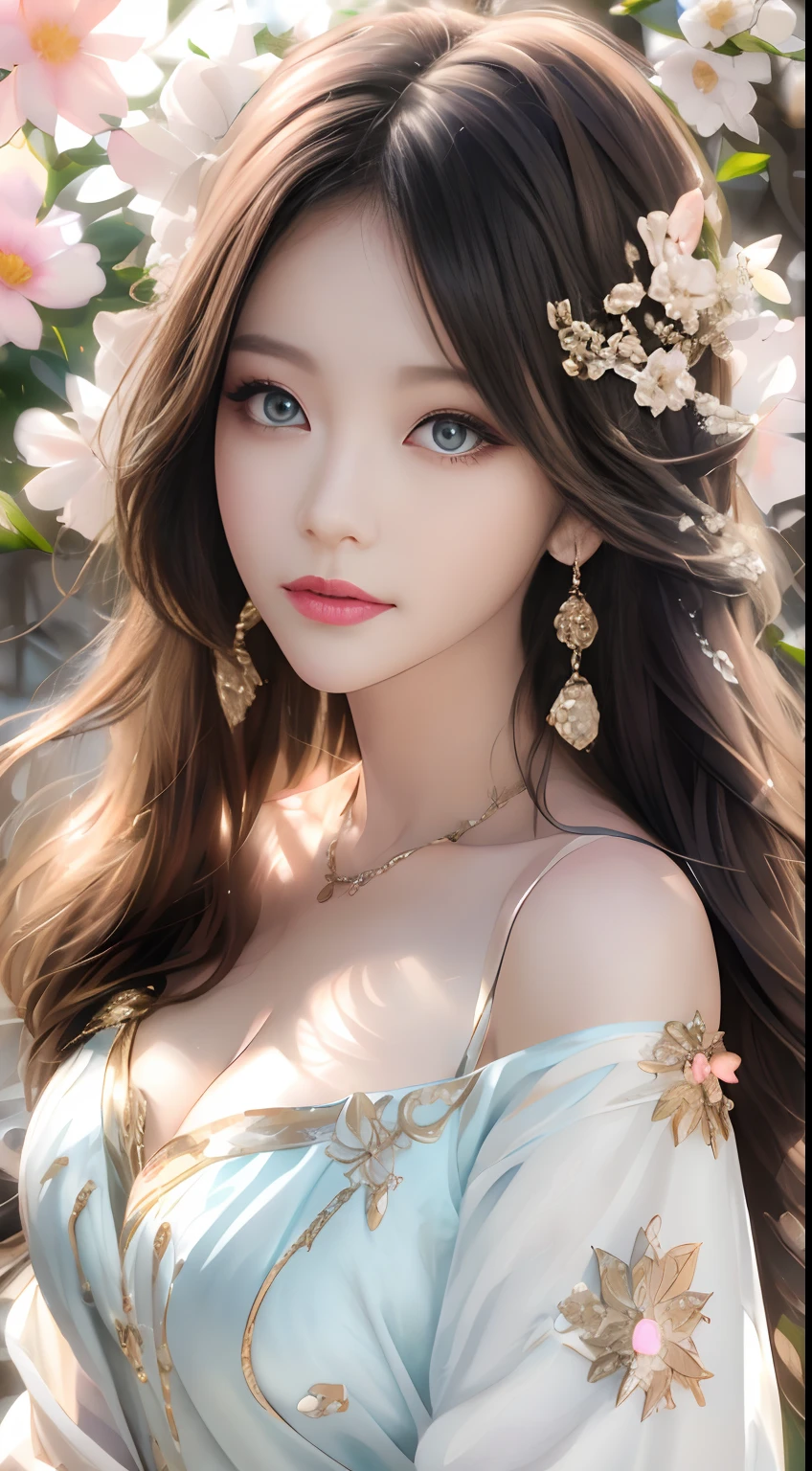 best qualtiy，tmasterpiece，A high resolution，1girll，Dingdall effect，realisticlying，edge lit，twotonelighting，（highdetailskin：1.2），8K  UHD，Pure，Sweet，Flower background，Colorful background，Based on physical rendering，Perfect light and shadow，extreme hight detail，Pink tones，Eye reflections，Raised sexy，perfect bodies，Superb beauty，largeeyes，long eyelasher，Delicate eyes，large shiny eyes，Minor pupillary reflexes，Shoulder and neck details，The pupil texture is delicate，Perfect eyes，Black pupils，best qualtiy，tmasterpiece，16k，A picture，head portrait，Bigchest，longer sleeves，Take care of your chest，Large breasts，Delicate avatar