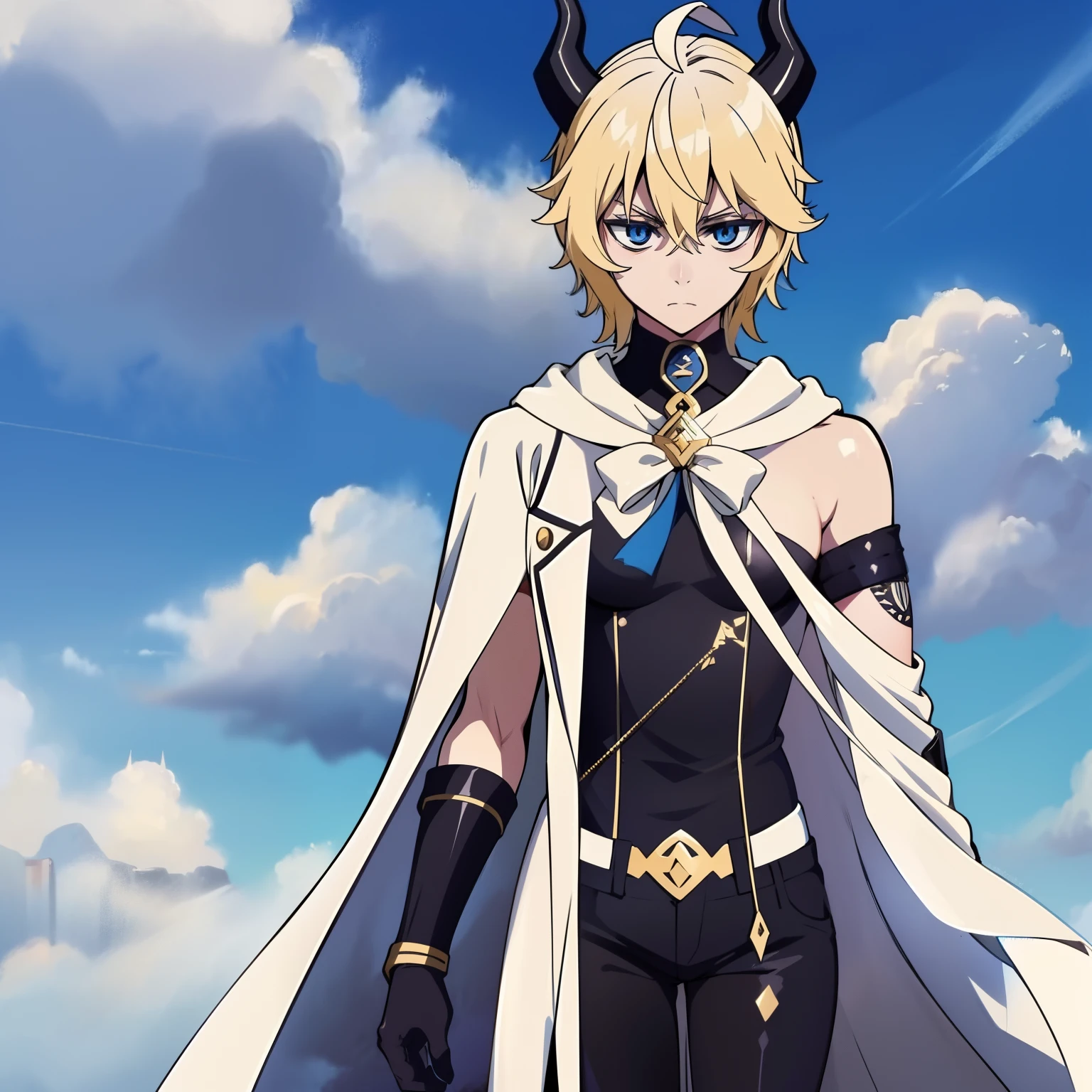 (Masterpiece), Best Quality, expressive eyes, a perfect face, 1boy, solo, one person, Demon, Horns, horns demon, horns on head, Triangular horns, pointed ears, cat tail, blue eyes, serious face, Emotionless face, trench coat, White trench coat, black fur on the cloak, black tank top, sleeveless T-shirt, Cut out the breasts, Small tattoo on the right arm, Black pants, top and bottom of clothes are connected, gold lines on clothes, Black Boots, partially fingerless gloves, holding sword, Blue Sword,The sky in the background, Clouds, Mikaela Hyakuya