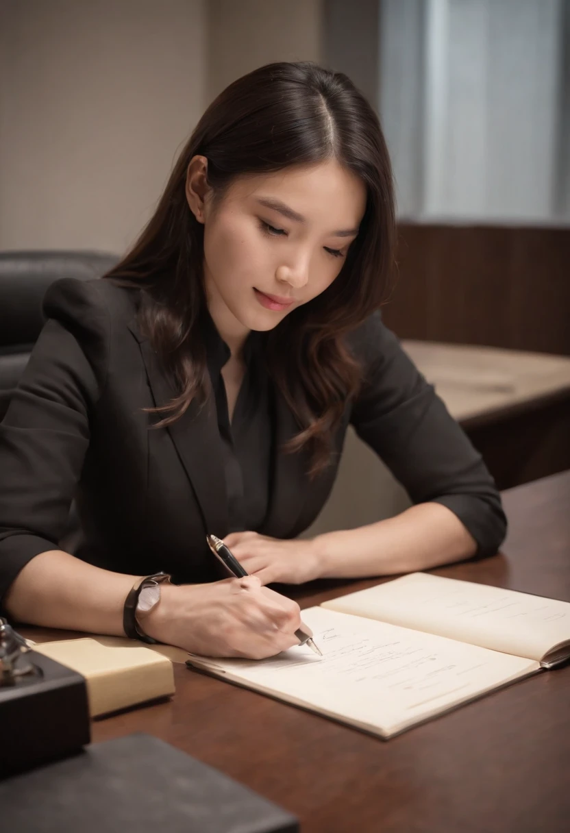 Wearing black leather gloves in both hands, upper body, black business suit, facing the desk in the modern study in the dark, looking down, smiling, writing a letter using a fountain pen, long, straight black hair, young and cute face Japanese female new employee (black leather gloves cover both hands)