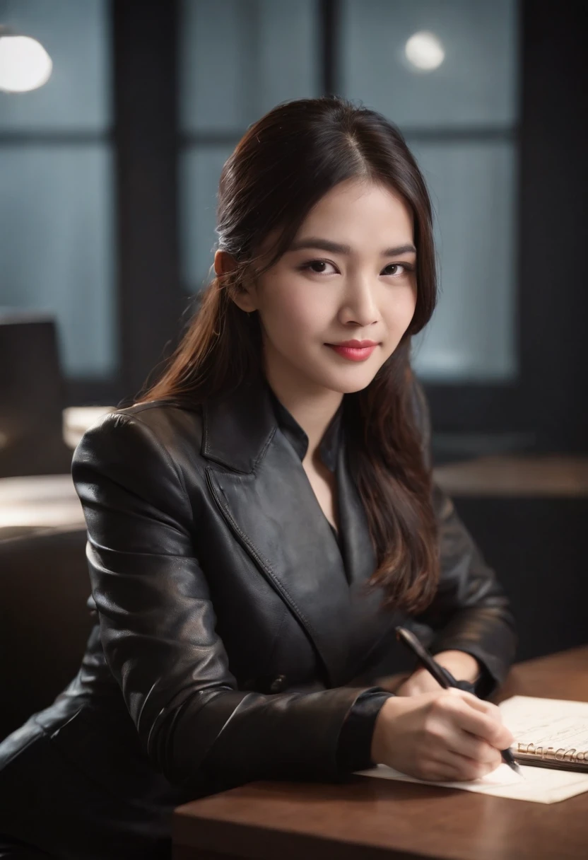 Wearing black leather gloves in both hands, upper body, black business suit, facing the desk in the modern study in the dark, looking down, smiling, writing a letter using a fountain pen, long, straight black hair, young and cute face Japanese female new employee (black leather gloves cover both hands)